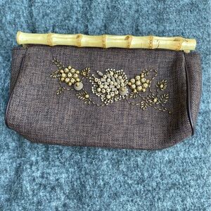 BEADED Clutch Brown Fabric & Bamboo Cane Handles Wooden Beads Boho Vinta…